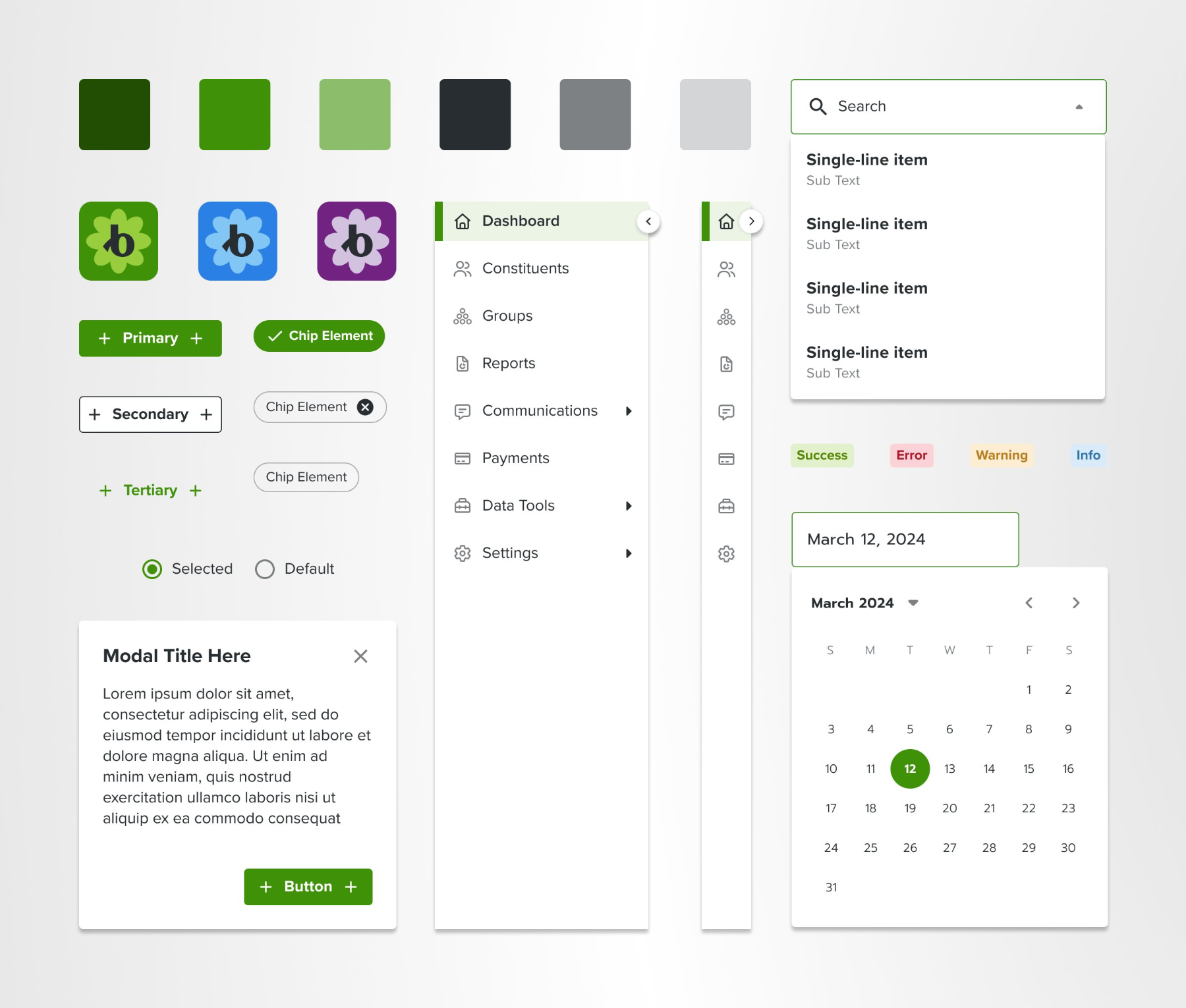 The current Grove component library — buttons, chips, navigation, modals, dropdowns, date pickers and status indicators.