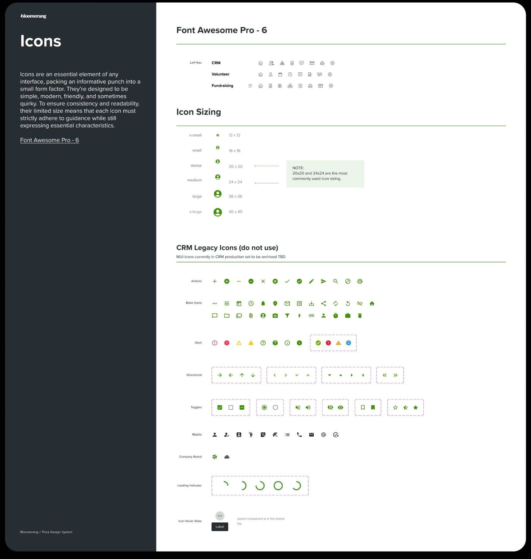 Font Awesome Pro 6 icon system with sizing specs and per-product nav sets.