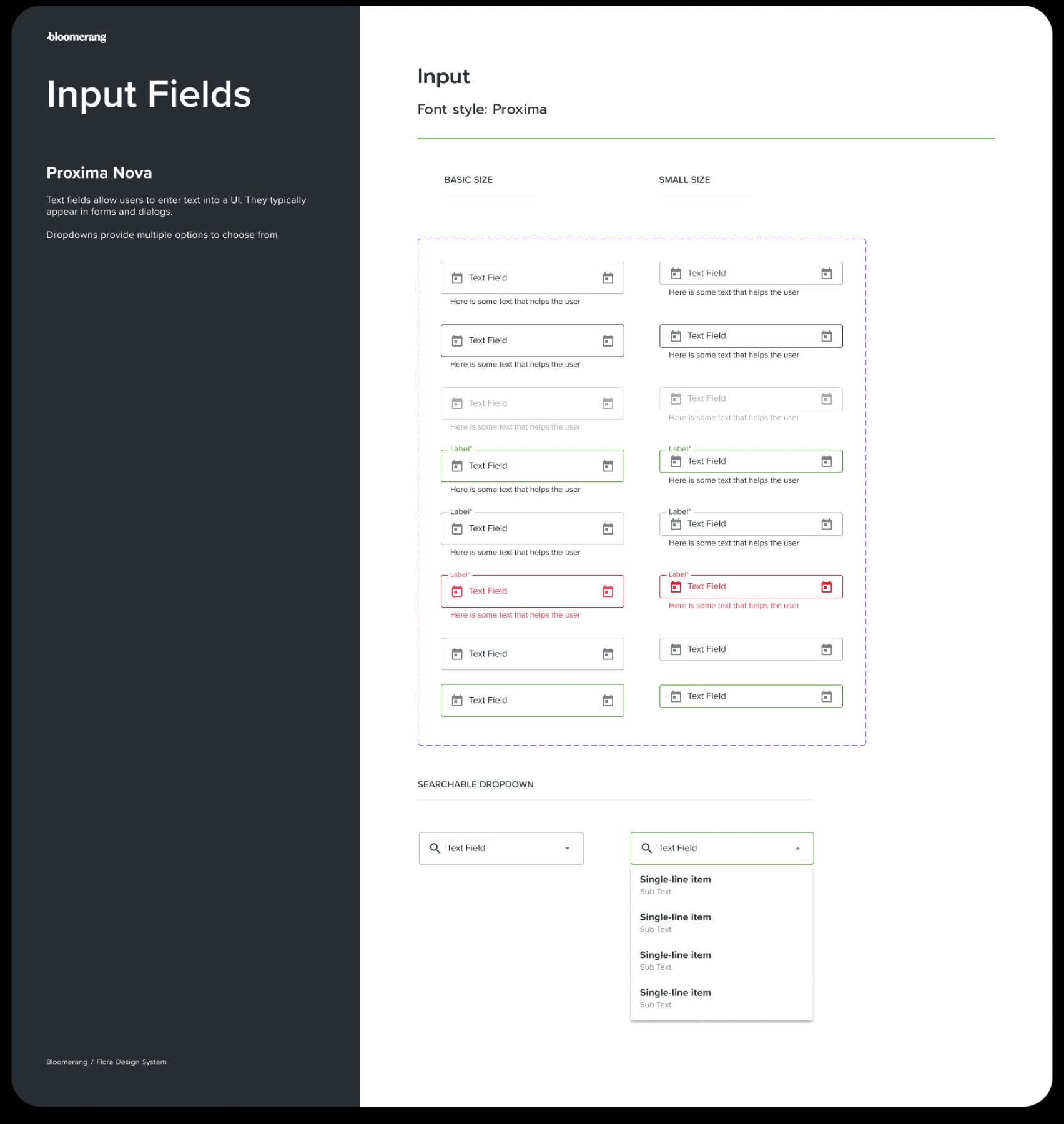 Text fields and dropdowns across default, focused, error and disabled states.