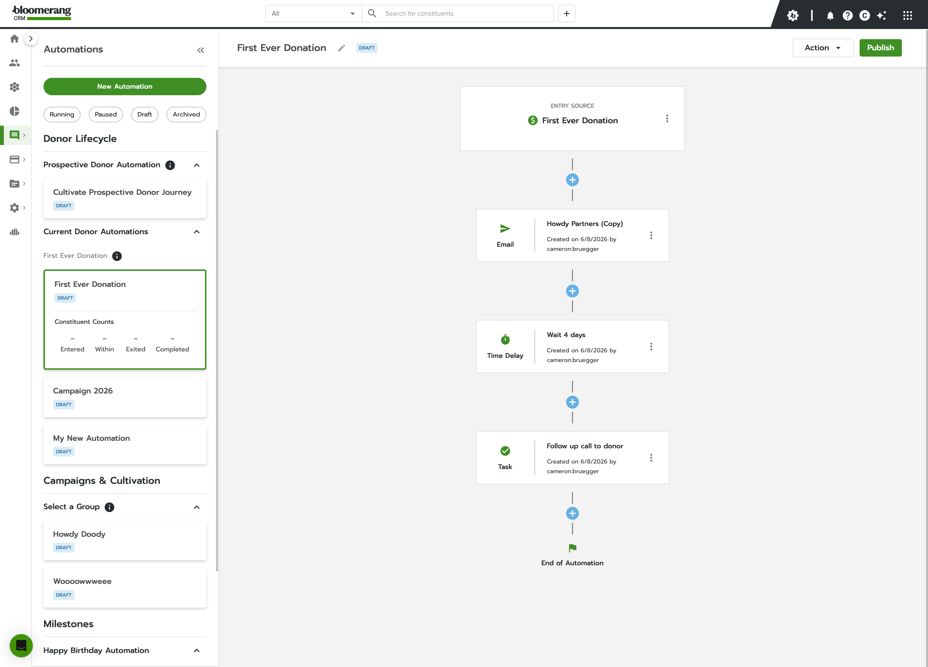 The Journey Automation builder showing a published donor journey: entry source, an email, a 4-day wait, a follow-up task, and an end step.