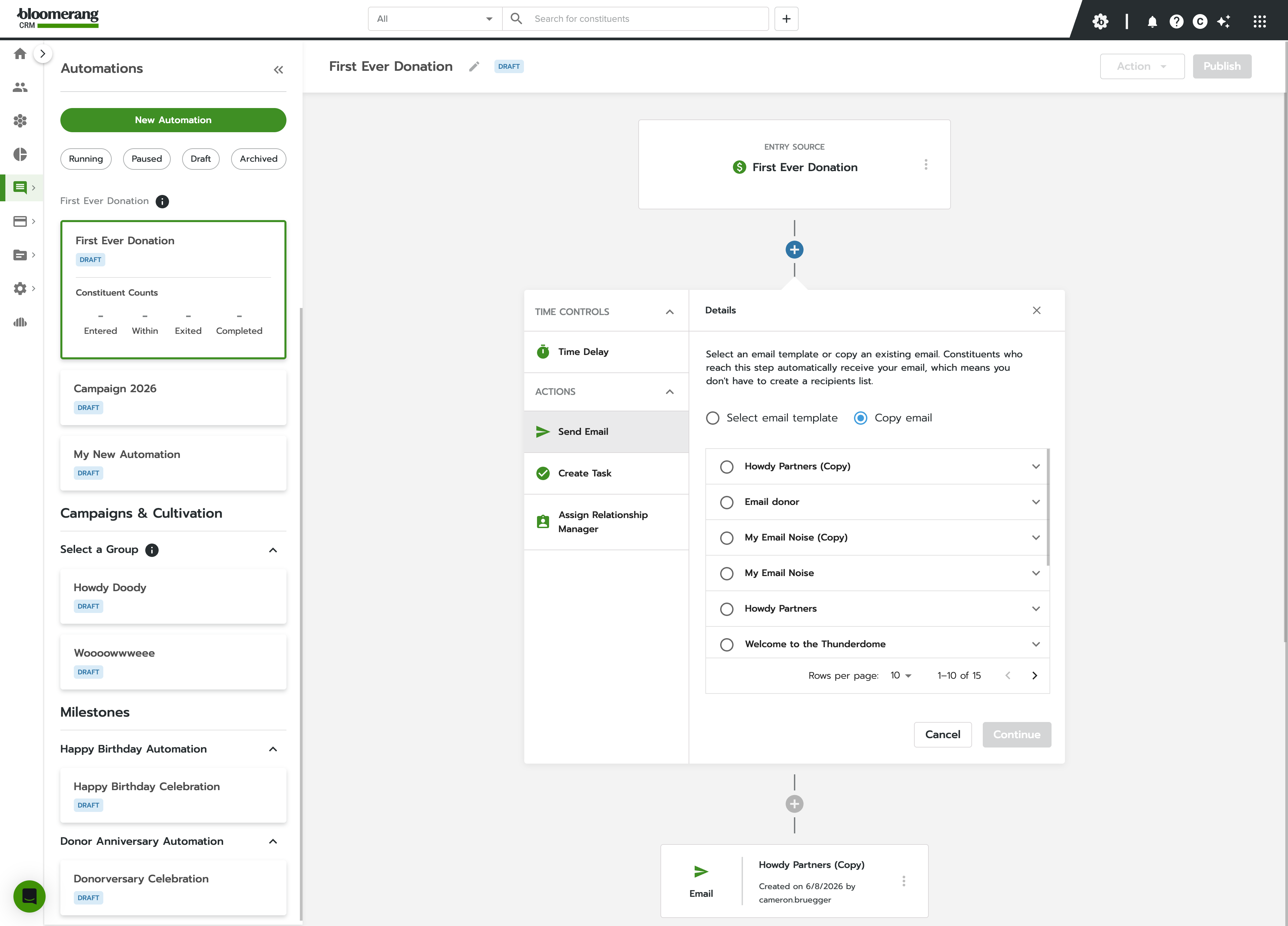 The Send Email step configuration: choose a template or copy an existing email, with a searchable list of emails.