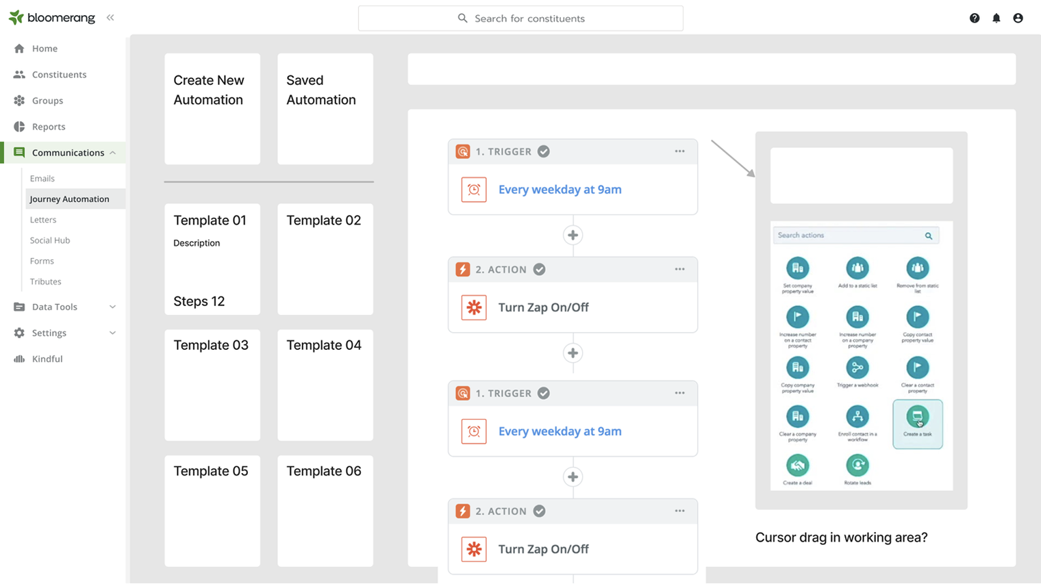 An early wireframe of the automation builder: a template gallery as the entry point, a vertical trigger-and-action canvas, and an action picker panel.